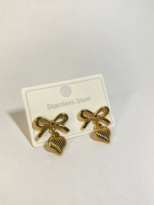 Gold Bow Heart Drop Earrings